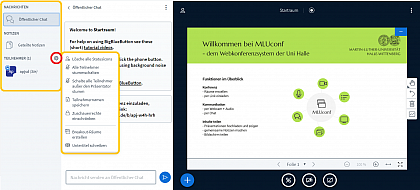 Linke Navigation in MLUconf: Chatfunktion, geteilte Notizen, Teilnehmer-Einstellungen